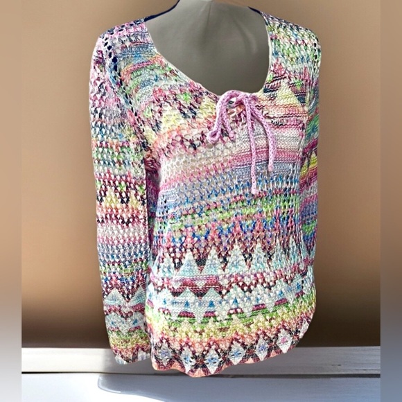 Laseine Open Knit Long Sleeve Cover-Up Top Colorful Vacation Resort Wear Beach - Picture 2 of 10